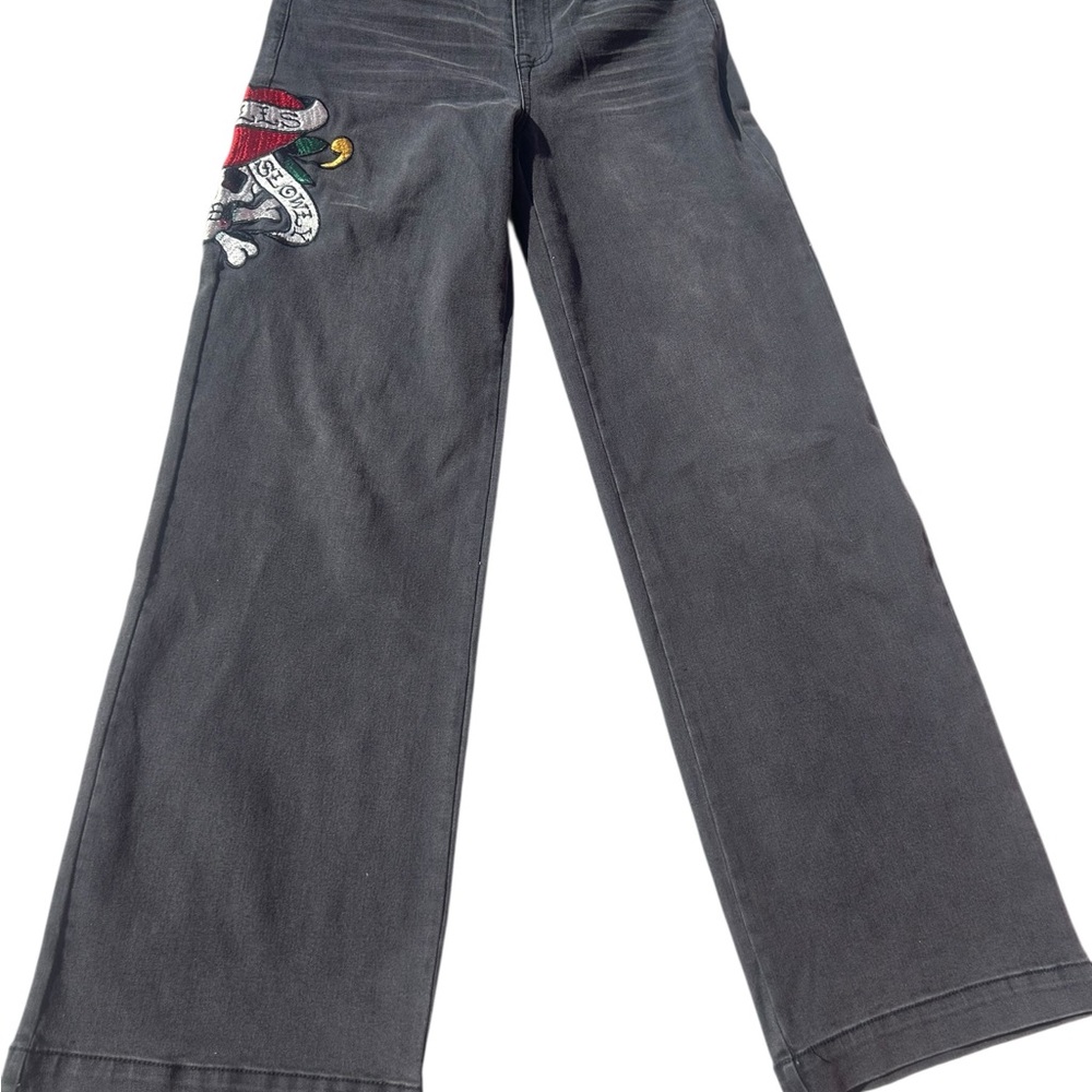 Ed Hardy Wide Leg Baggy Embroidered Denim Jean Women 28x31Love‎ Skull Black Y2K